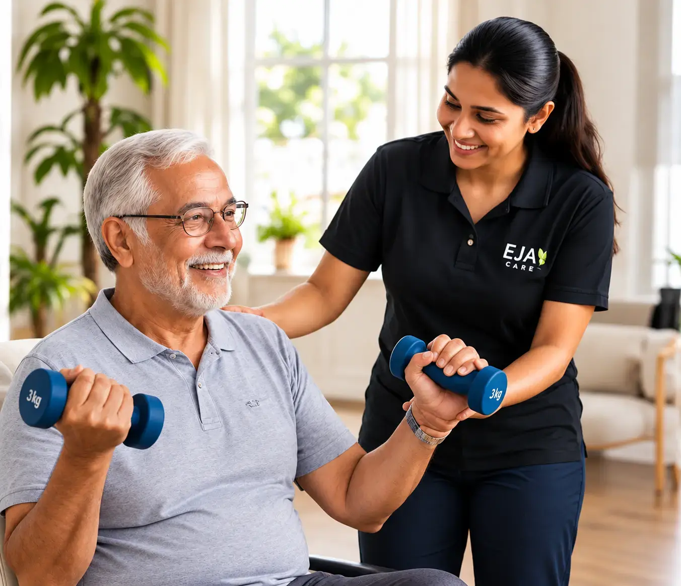 EJA Care professional supporting an older adult with exercises